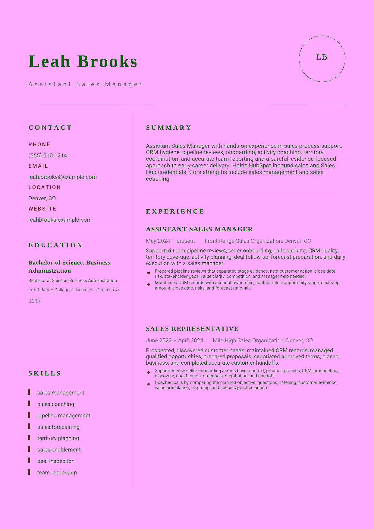 Entry-level Assistant Sales Manager resume example in the Grus template focused on sales process support, CRM hygiene, pipeline reviews, onboarding, activity coaching, territory coordination, and accurate team reporting.