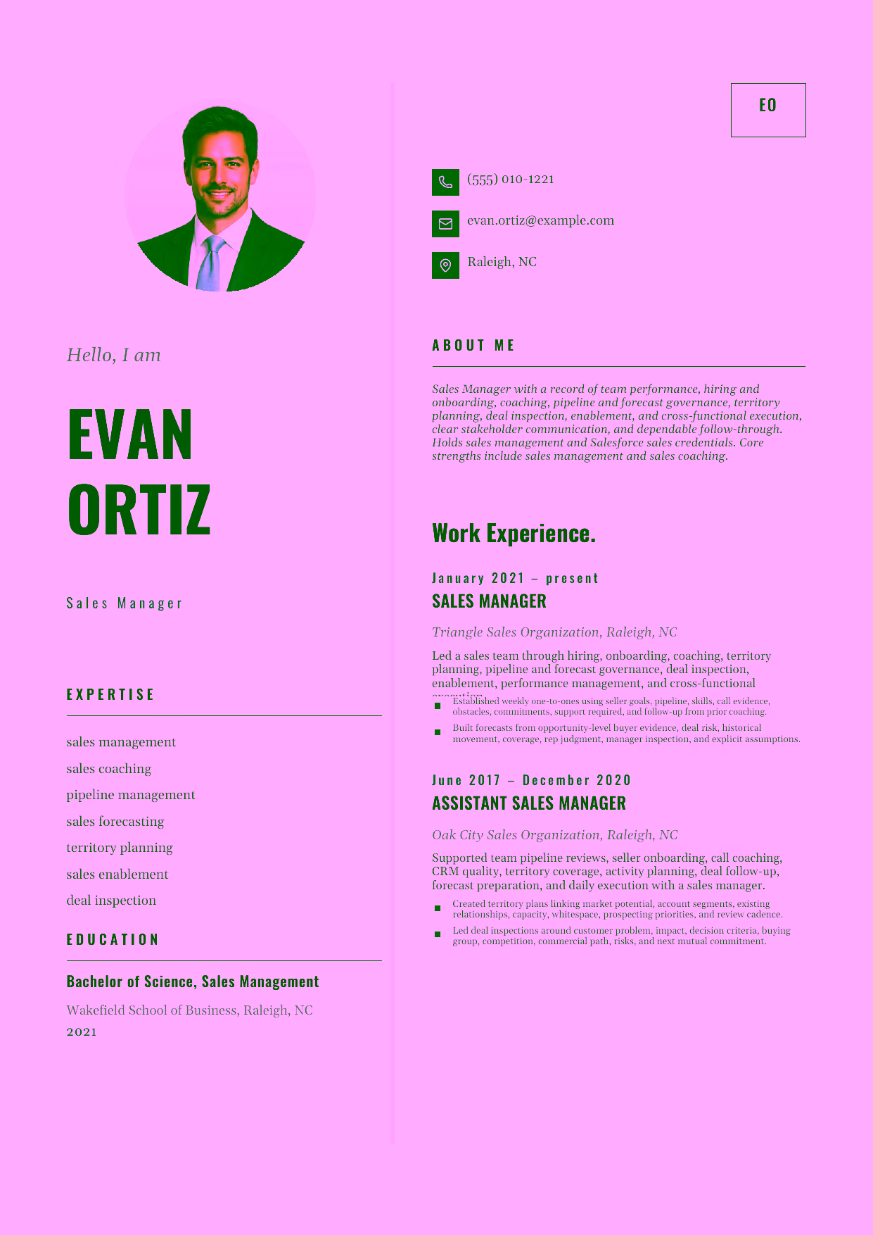 Mid-level Sales Manager resume example in the Equuleus template focused on team performance, hiring and onboarding, coaching, pipeline and forecast governance, territory planning, deal inspection, enablement, and cross-functional execution.