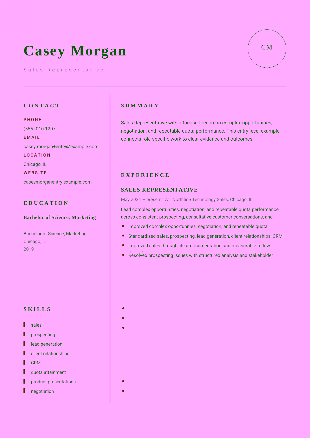 Entry-level Sales Representative resume example in the Grus template focused on consistent prospecting, useful product conversations, and dependable follow-up.