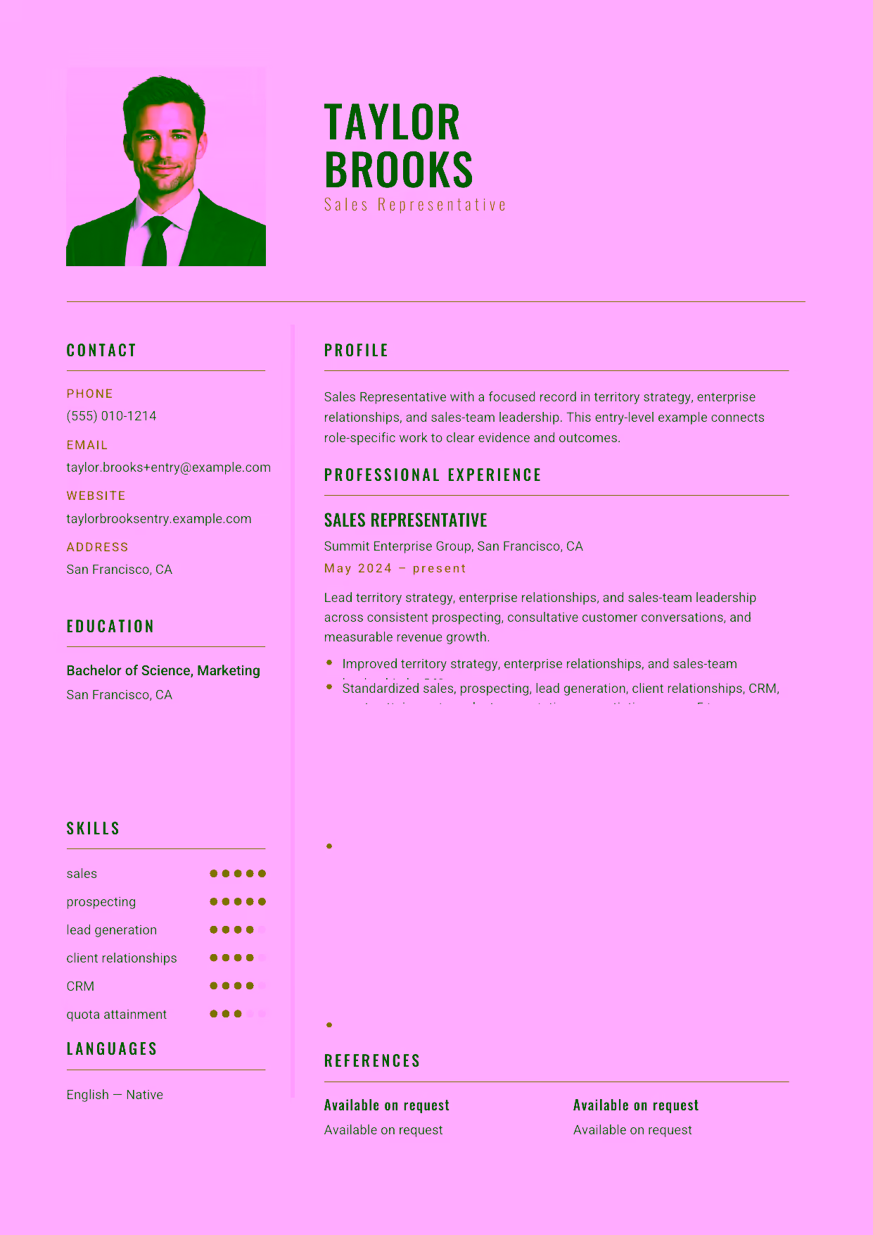 Entry-level Sales Representative resume example in the Acamar template focused on consistent prospecting, useful product conversations, and dependable follow-up.