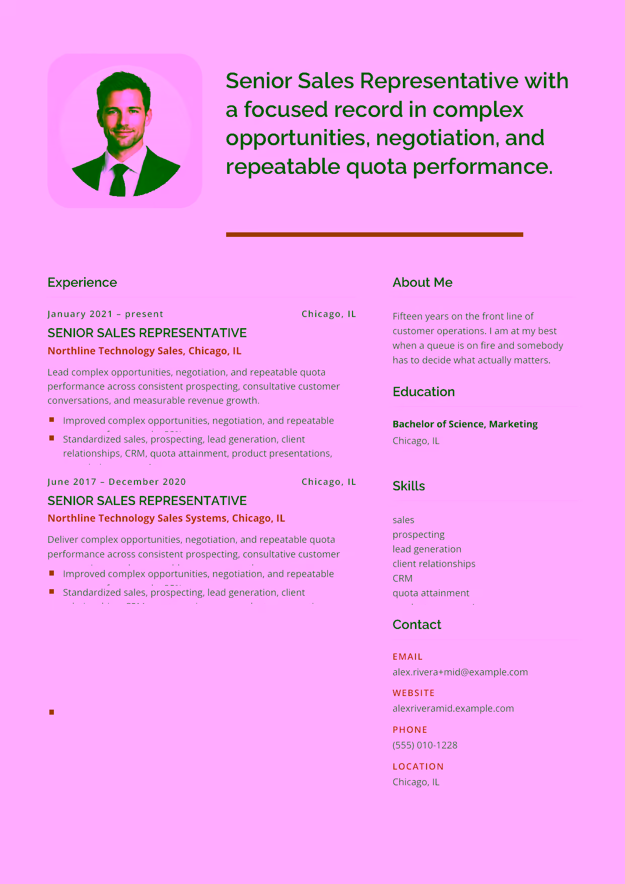 Mid-level Senior Sales Representative resume example in the Andromeda template focused on complex opportunities, negotiation, and repeatable quota performance.