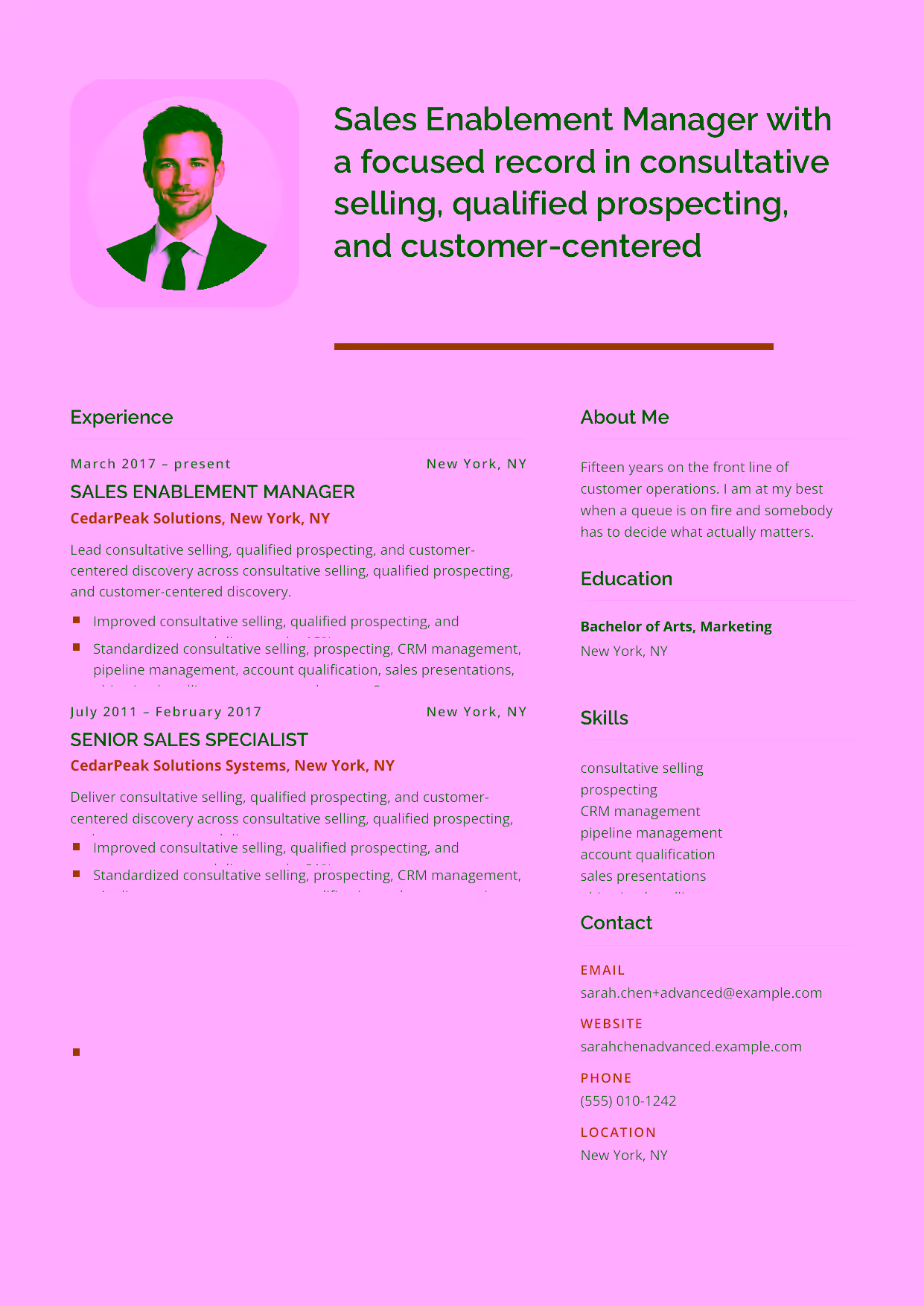 Advanced Sales Enablement Manager resume example in the Andromeda template focused on objection handling, revenue growth, and sales-team enablement leadership.