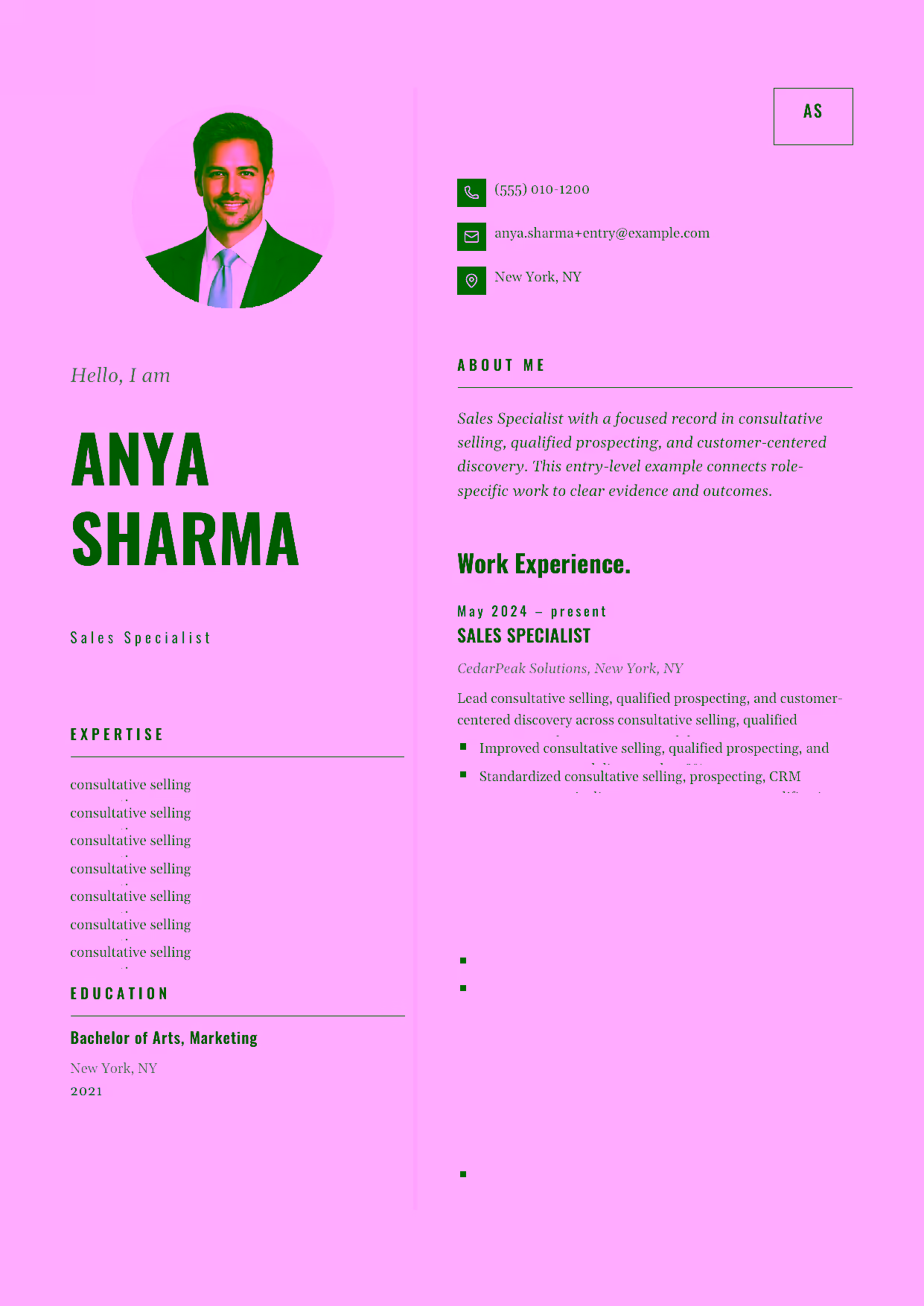 Entry-level Sales Specialist resume example in the Equuleus template focused on consultative selling, qualified prospecting, and customer-centered discovery.