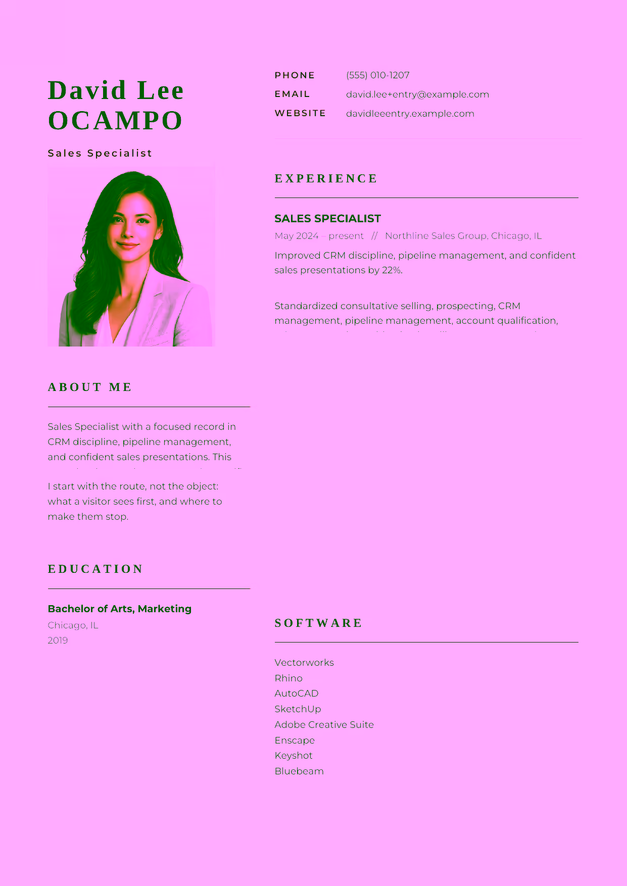 Entry-level Sales Specialist resume example in the Hydra template focused on consultative selling, qualified prospecting, and customer-centered discovery.