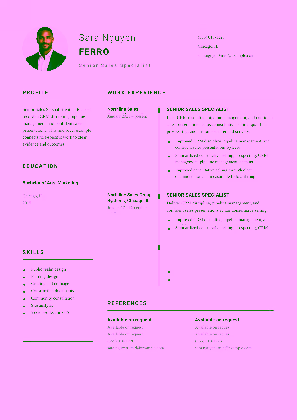 Mid-level Senior Sales Specialist resume example in the Puppis template focused on CRM discipline, pipeline management, and confident sales presentations.