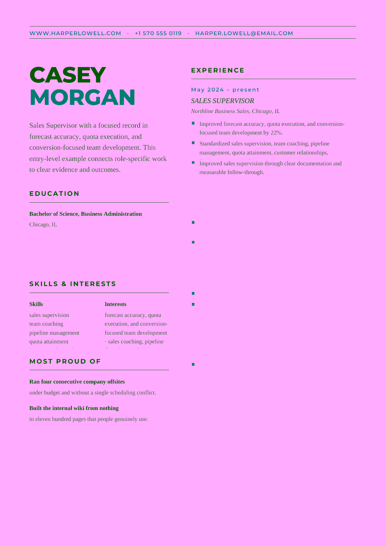 Entry-level Sales Supervisor resume example in the Bootes template focused on daily sales coaching, pipeline follow-up, and dependable customer coverage.