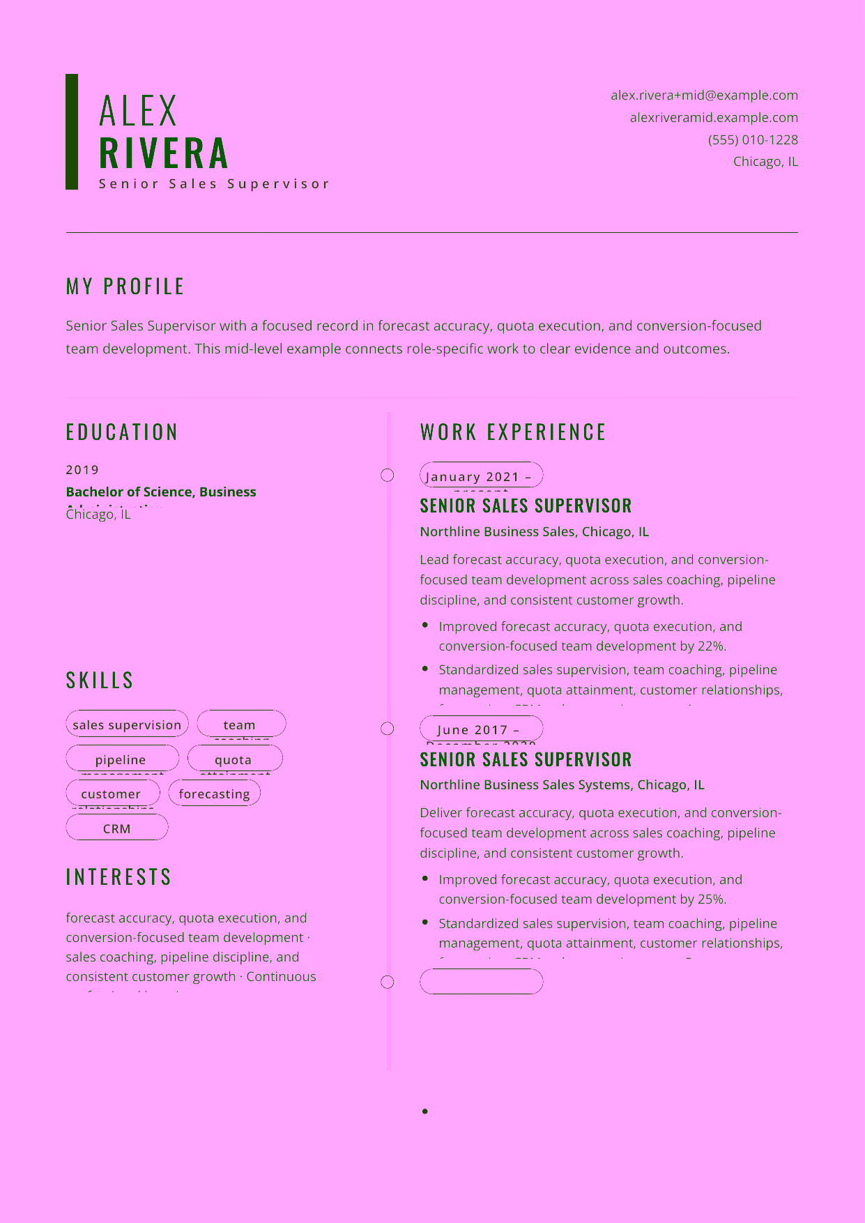 Mid-level Senior Sales Supervisor resume example in the Caelum template focused on forecast accuracy, quota execution, and conversion-focused team development.