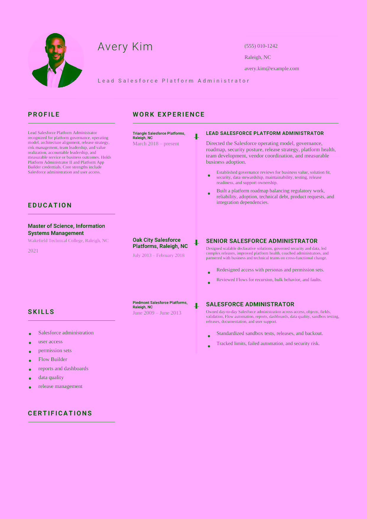 Advanced Lead Salesforce Administrator resume example in the Puppis template focused on Salesforce governance, adoption, and platform leadership.