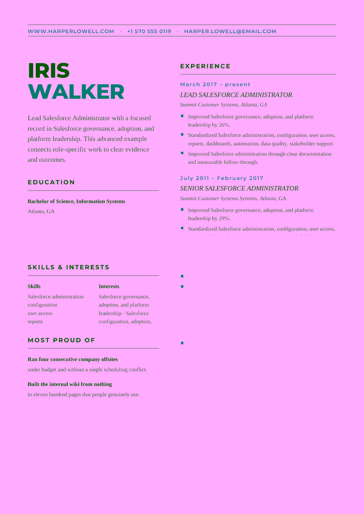 Advanced Lead Salesforce Administrator resume example in the Bootes template focused on Salesforce governance, adoption, and platform leadership.