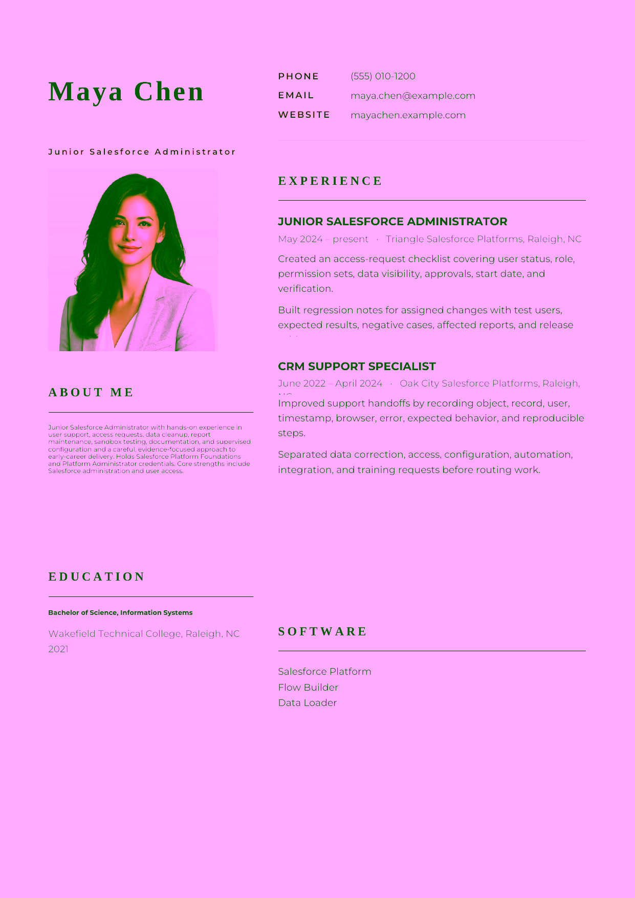 Entry-level Salesforce Administrator resume example in the Hydra template focused on configuration, permissions, and user support.