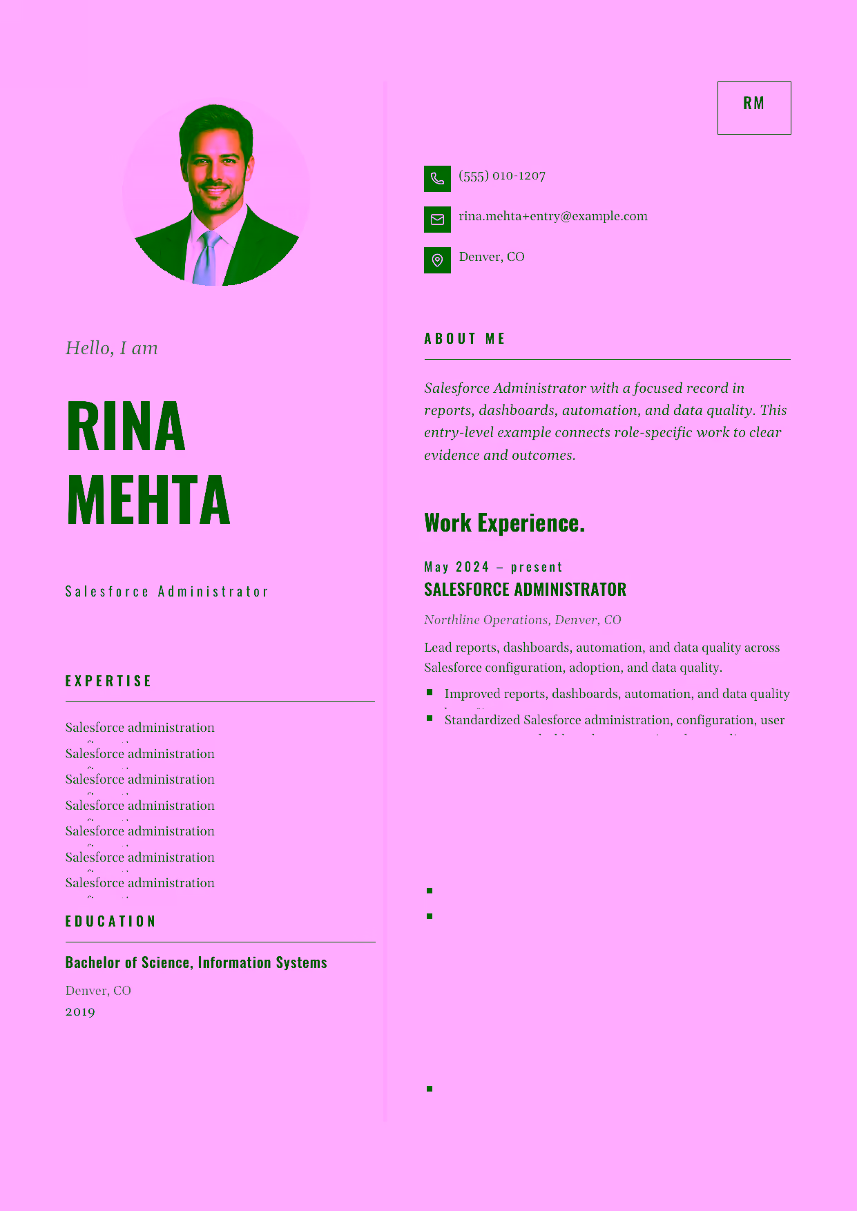 Entry-level Salesforce Administrator resume example in the Equuleus template focused on configuration, permissions, and user support.