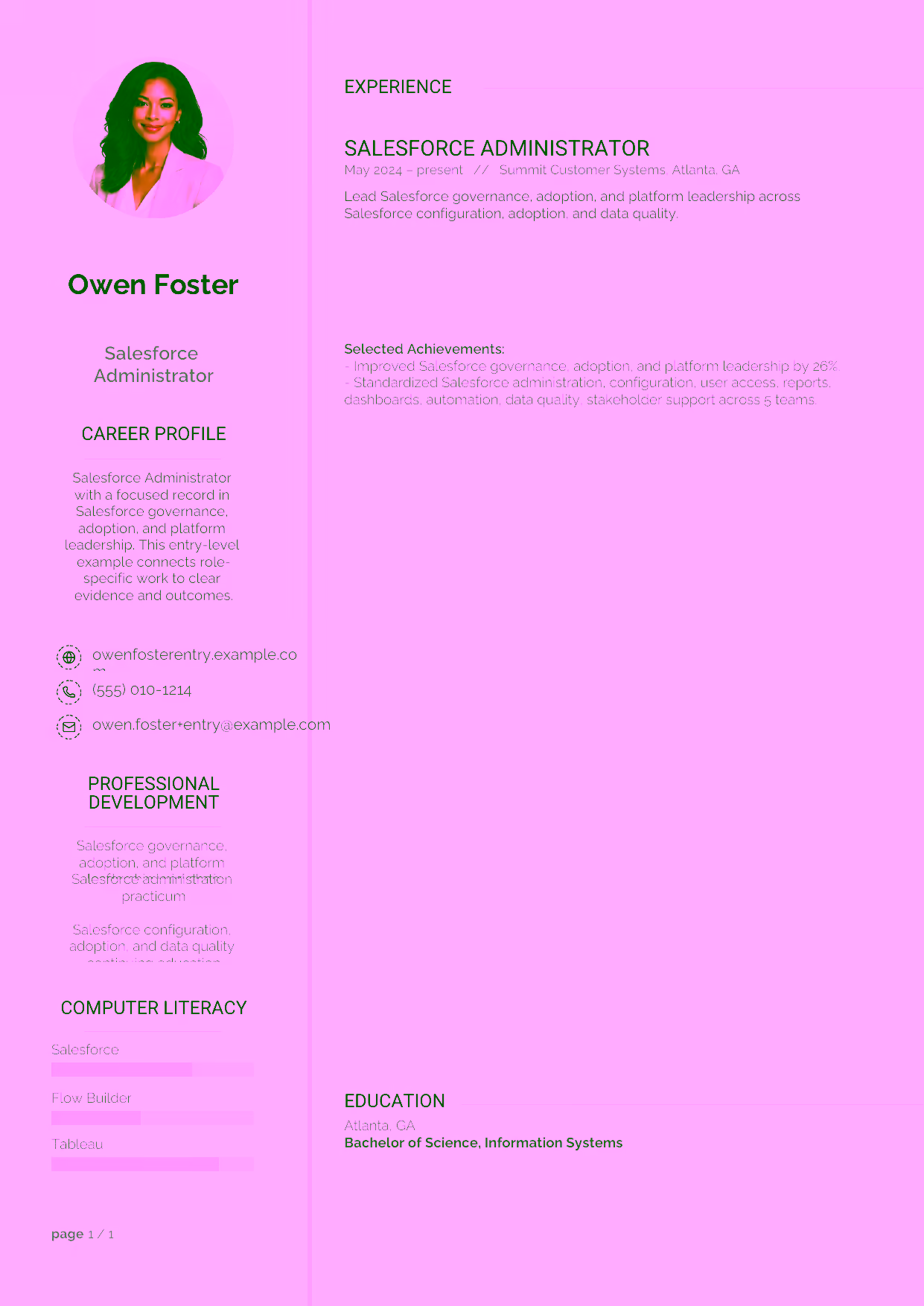 Entry-level Salesforce Administrator resume example in the Synnove template focused on configuration, permissions, and user support.