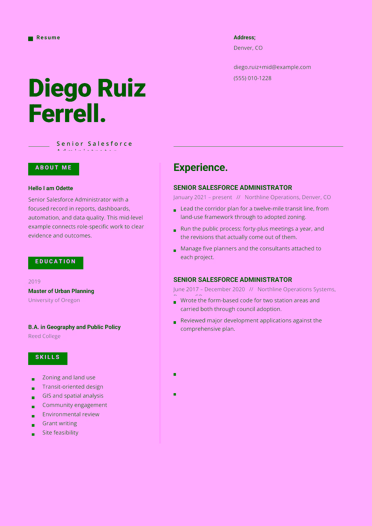 Mid-level Senior Salesforce Administrator resume example in the Indus template focused on reports, dashboards, automation, and data quality.