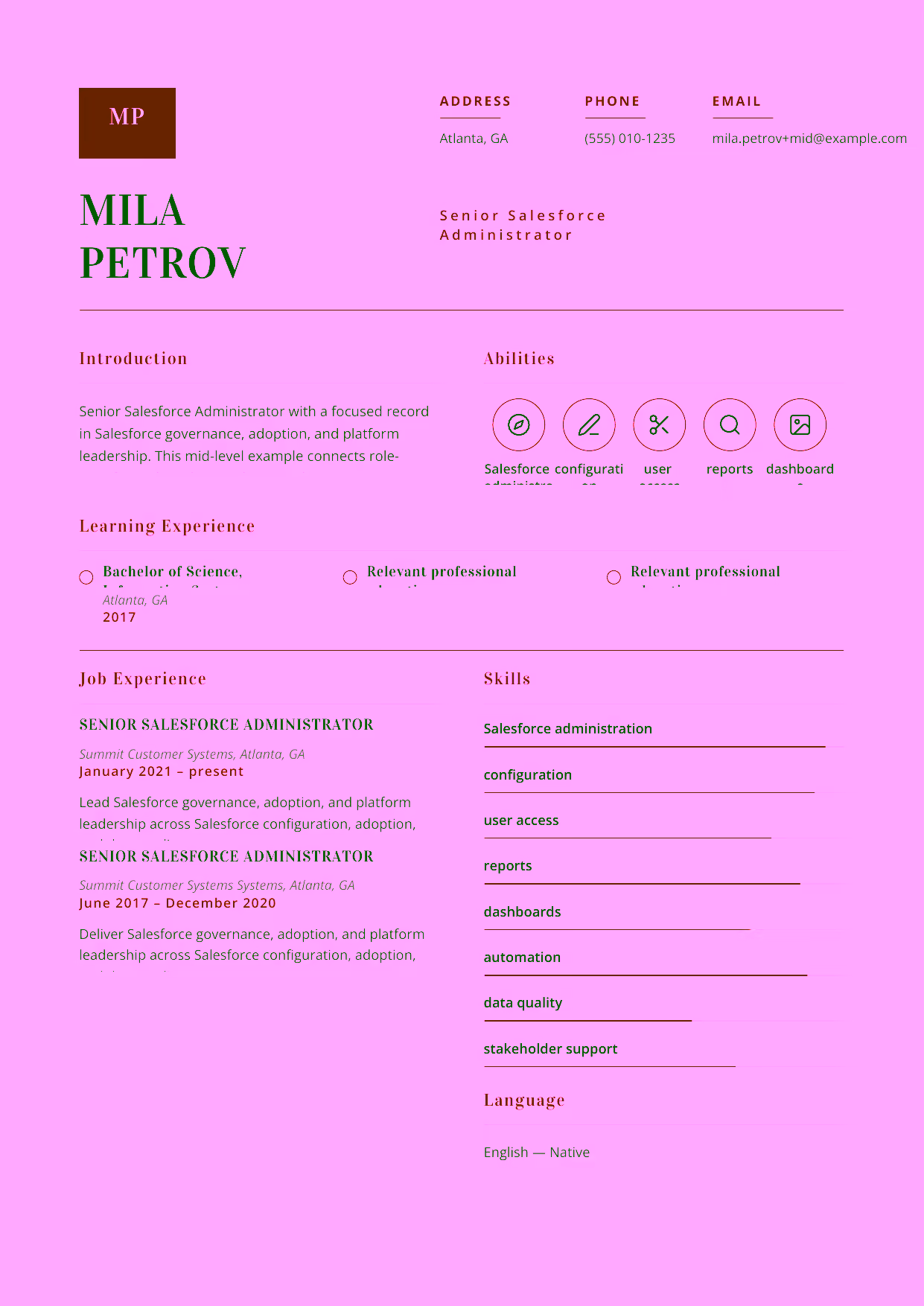 Mid-level Senior Salesforce Administrator resume example in the Delphinus template focused on reports, dashboards, automation, and data quality.