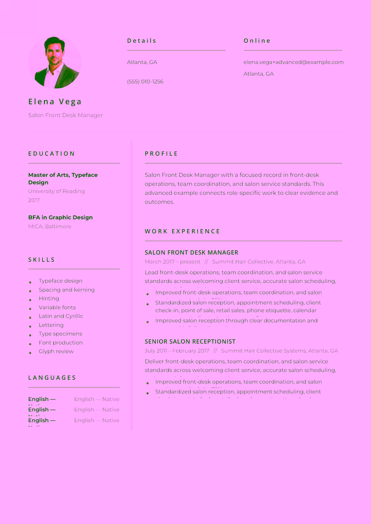 Advanced Salon Front Desk Manager resume example in the Pictor template focused on front-desk operations, team coordination, and salon service standards.