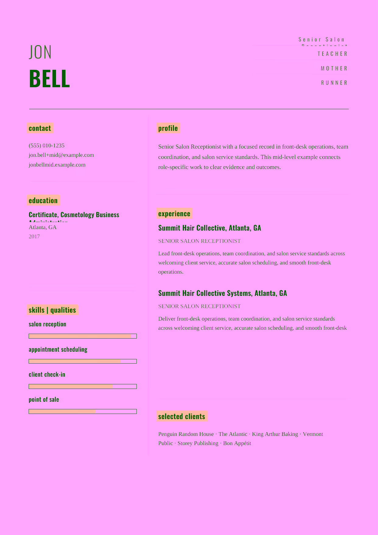 Mid-level Senior Salon Receptionist resume example in the Dorado template focused on complex scheduling, retail conversations, and repeat-visit retention.