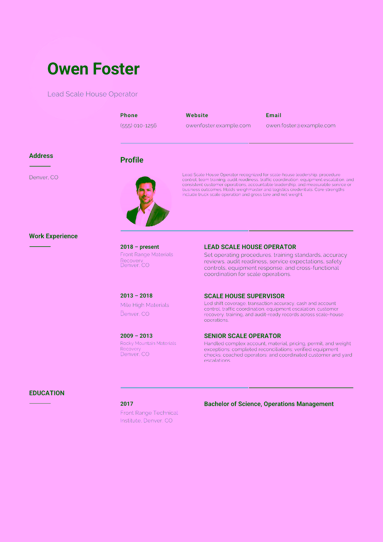 Advanced Lead Scale House Operator resume example in the Pavo template focused on scale-house leadership, procedure control, team training, audit readiness, traffic coordination, equipment escalation, and consistent customer operations.