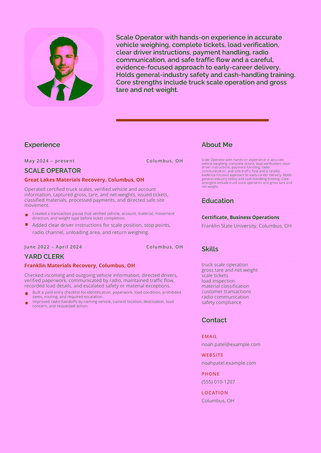 Entry-level Scale Operator resume example in the Andromeda template focused on accurate vehicle weighing, complete tickets, load verification, clear driver instructions, payment handling, radio communication, and safe traffic flow.