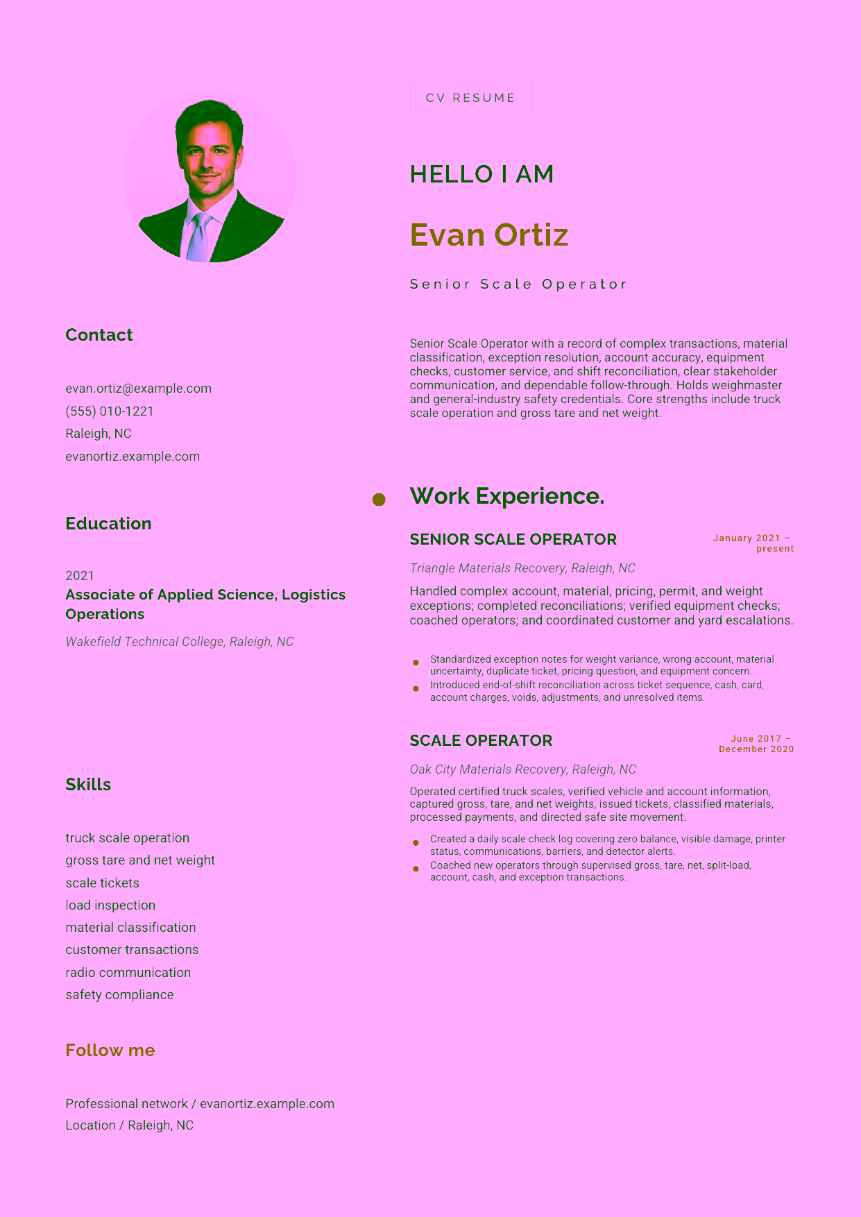 Mid-level Senior Scale Operator resume example in the Eridanus template focused on complex transactions, material classification, exception resolution, account accuracy, equipment checks, customer service, and shift reconciliation.