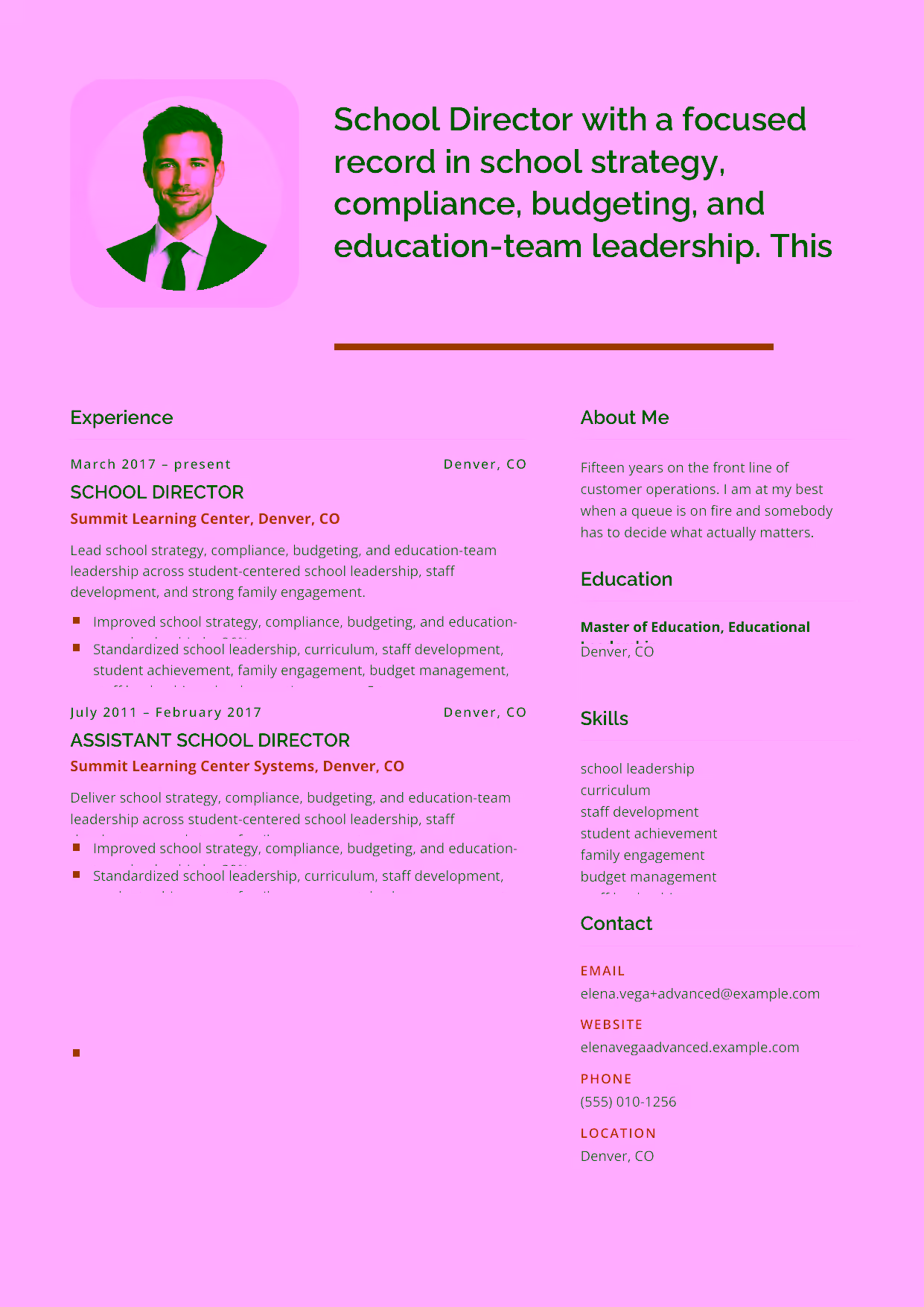 Advanced Director of School Operations resume example in the Andromeda template focused on school strategy, compliance, budgeting, and education-team leadership.