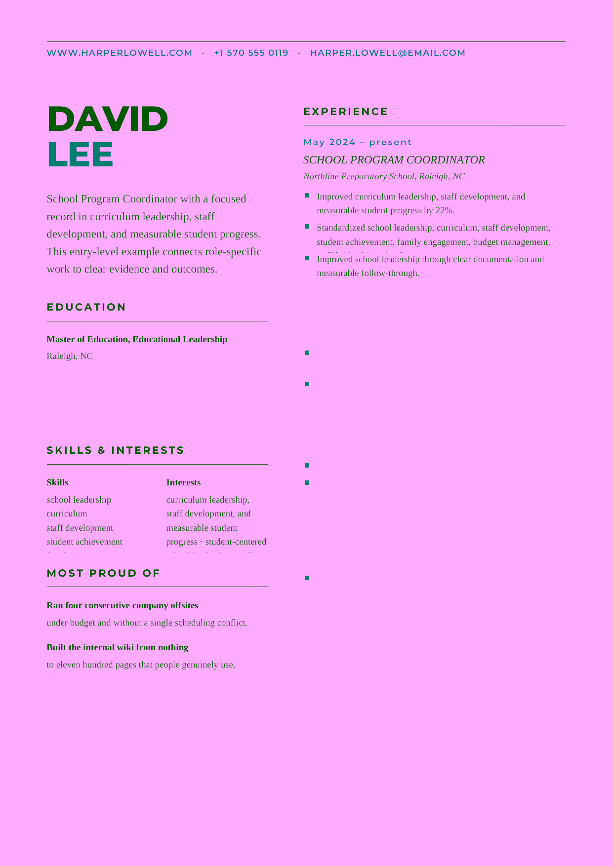 Entry-level School Director resume example in the Bootes template focused on student-centered operations, staff support, and strong family communication.