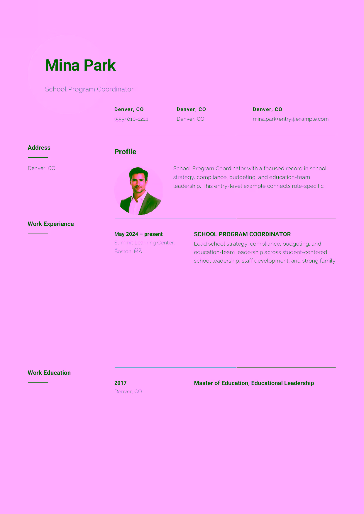 Entry-level School Director resume example in the Pavo template focused on student-centered operations, staff support, and strong family communication.