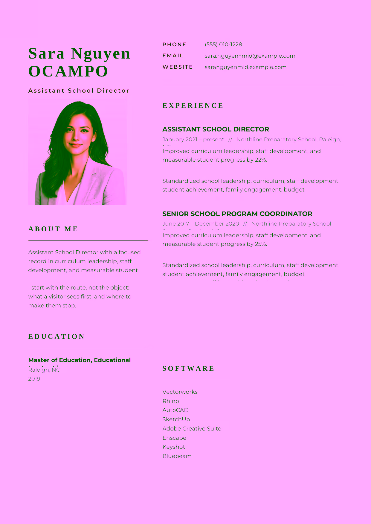 Mid-level Assistant School Director resume example in the Hydra template focused on curriculum leadership, staff development, and measurable student progress.