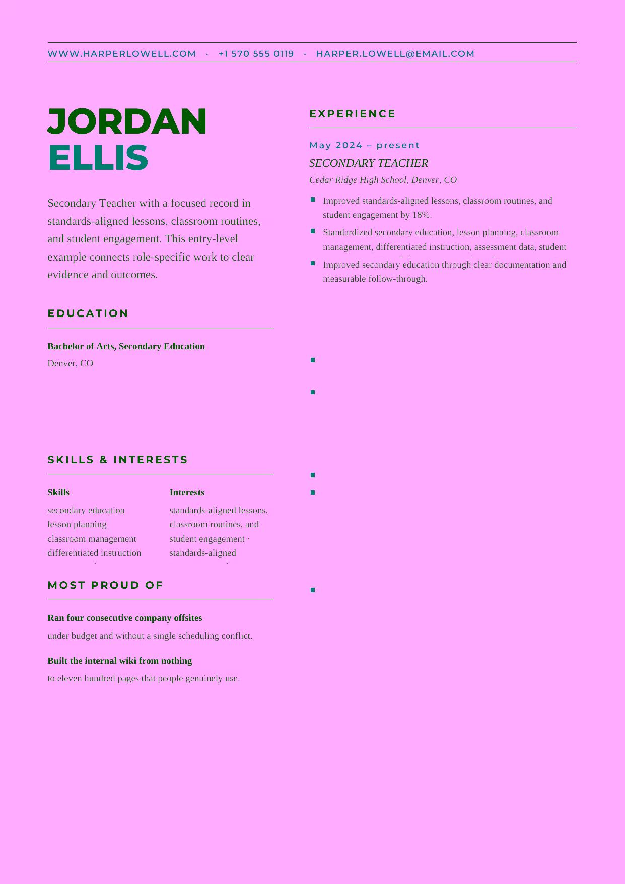 Entry-level Secondary Teacher resume example in the Bootes template focused on standards-aligned lessons, classroom routines, and student engagement.