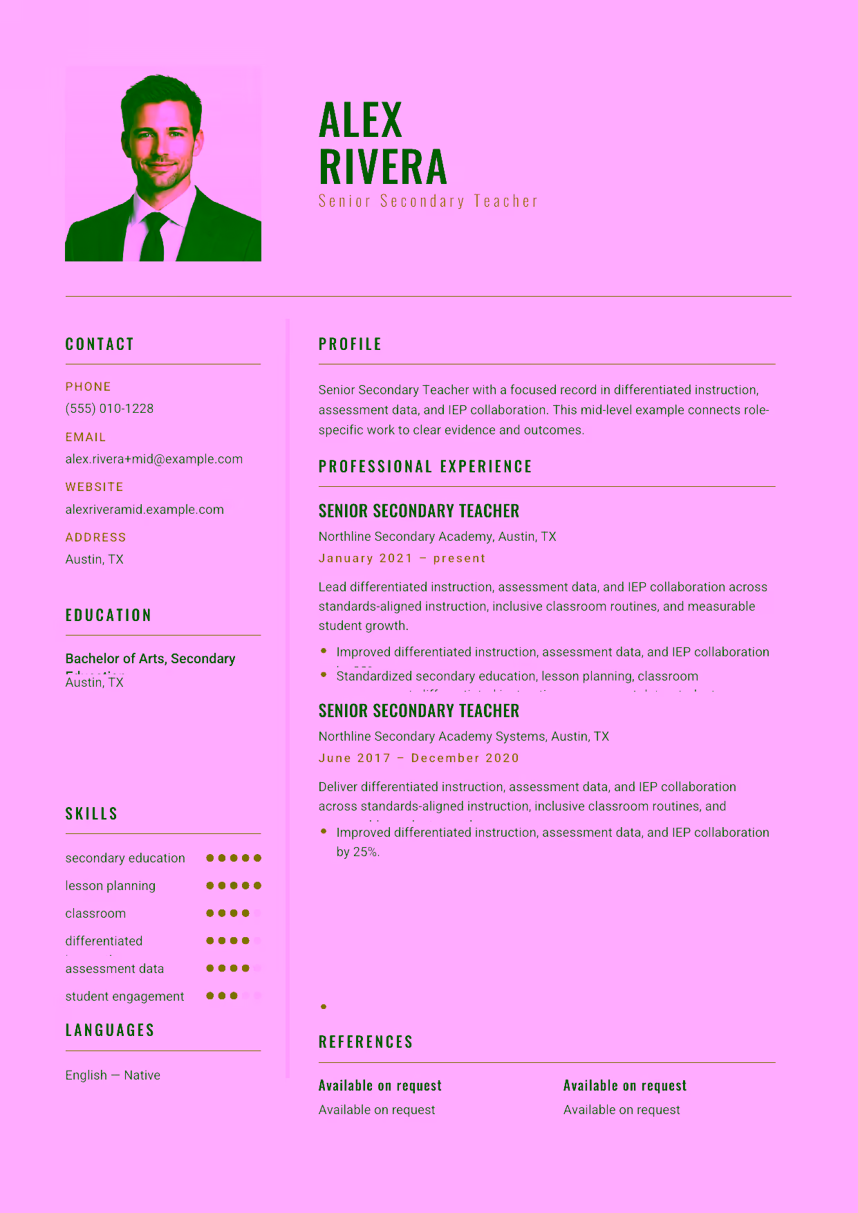Mid-level Senior Secondary Teacher resume example in the Acamar template focused on differentiated instruction, assessment data, and IEP collaboration.