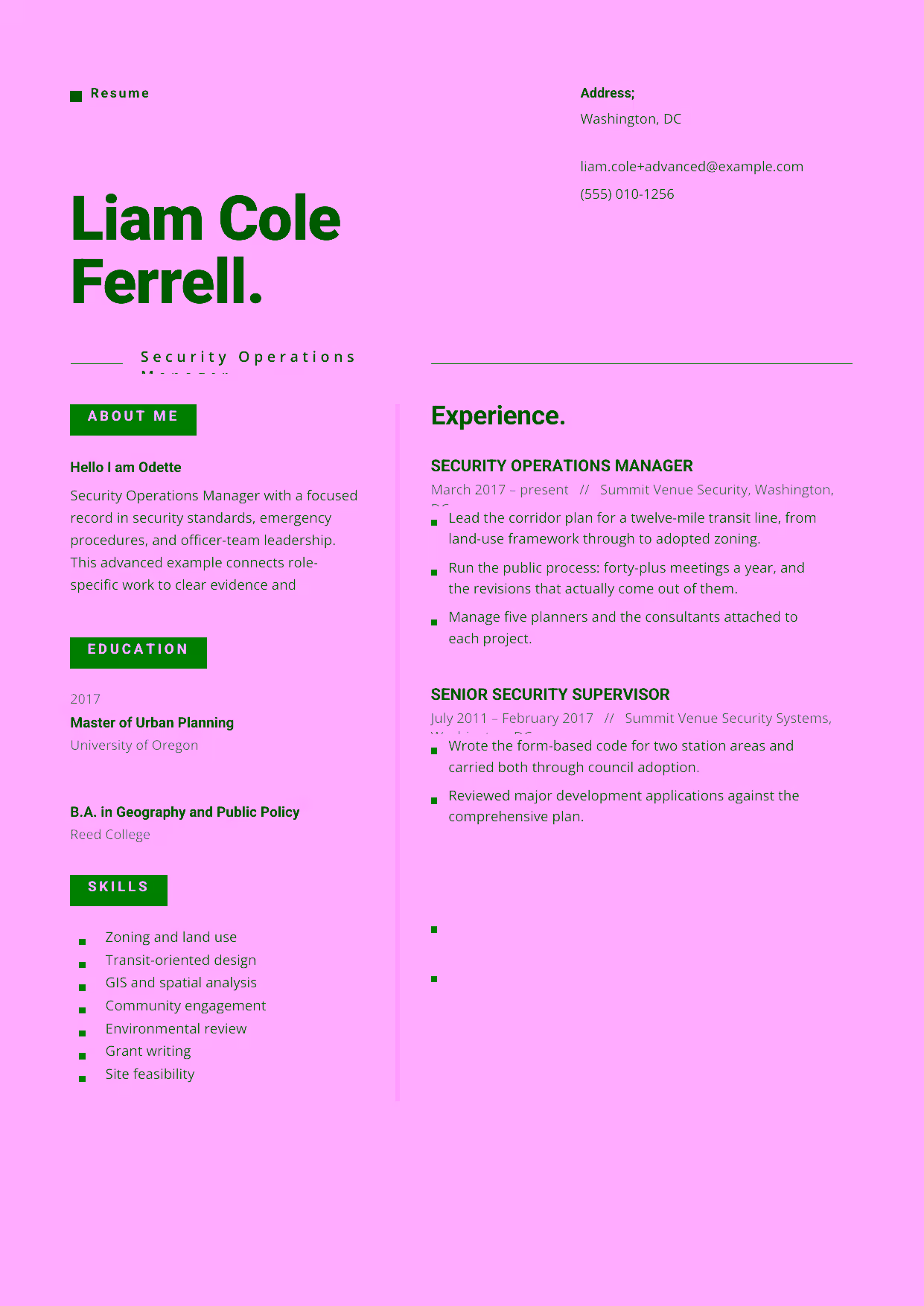 Advanced Security Operations Manager resume example in the Indus template focused on security standards, emergency procedures, and officer-team leadership.