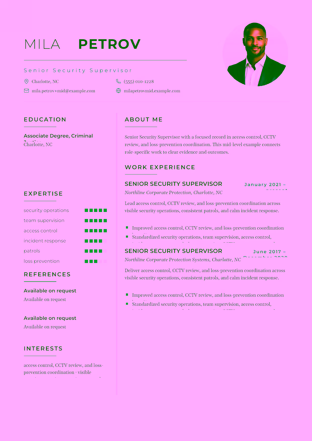 Mid-level Senior Security Supervisor resume example in the Achernar template focused on access control, CCTV review, and loss-prevention coordination.