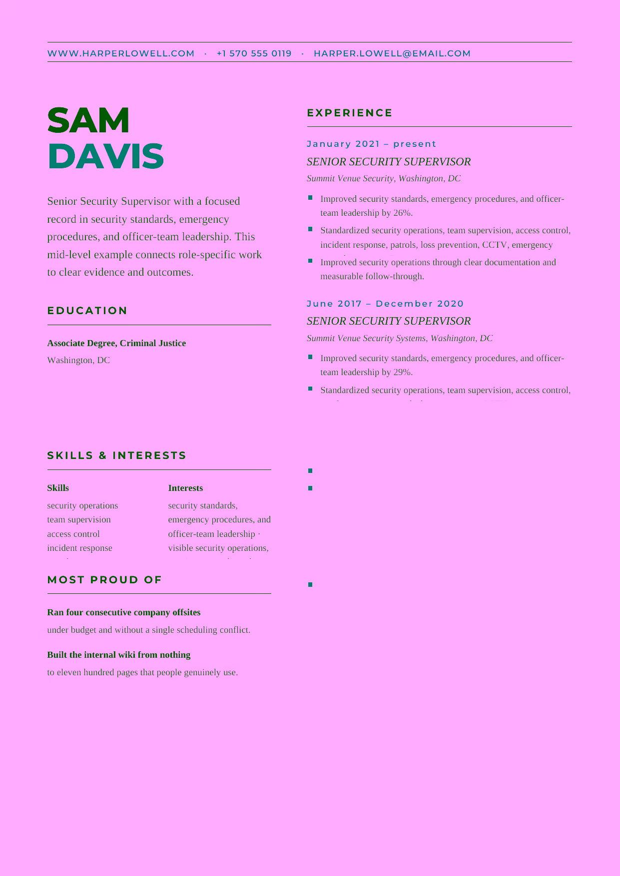 Mid-level Senior Security Supervisor resume example in the Bootes template focused on access control, CCTV review, and loss-prevention coordination.