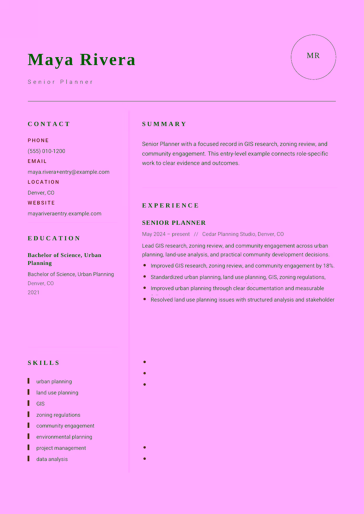 Entry-level Senior Planner resume example in the Grus template focused on GIS research, zoning review, and community engagement.