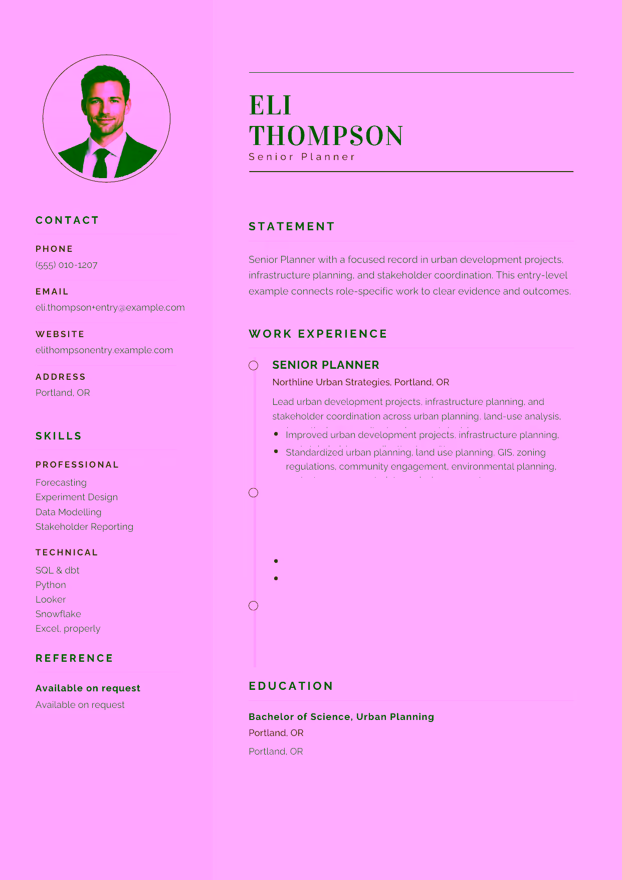 Entry-level Senior Planner resume example in the Cetus template focused on GIS research, zoning review, and community engagement.