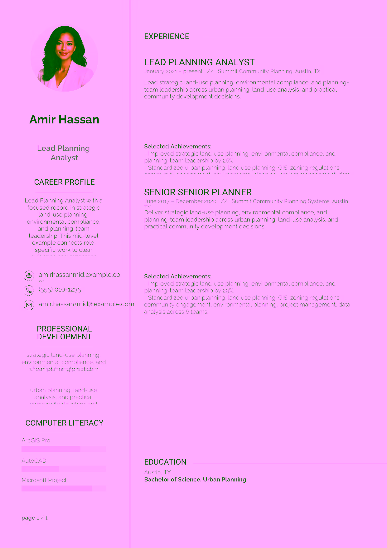 Mid-level Lead Planning Analyst resume example in the Synnove template focused on urban development projects, infrastructure planning, and stakeholder coordination.