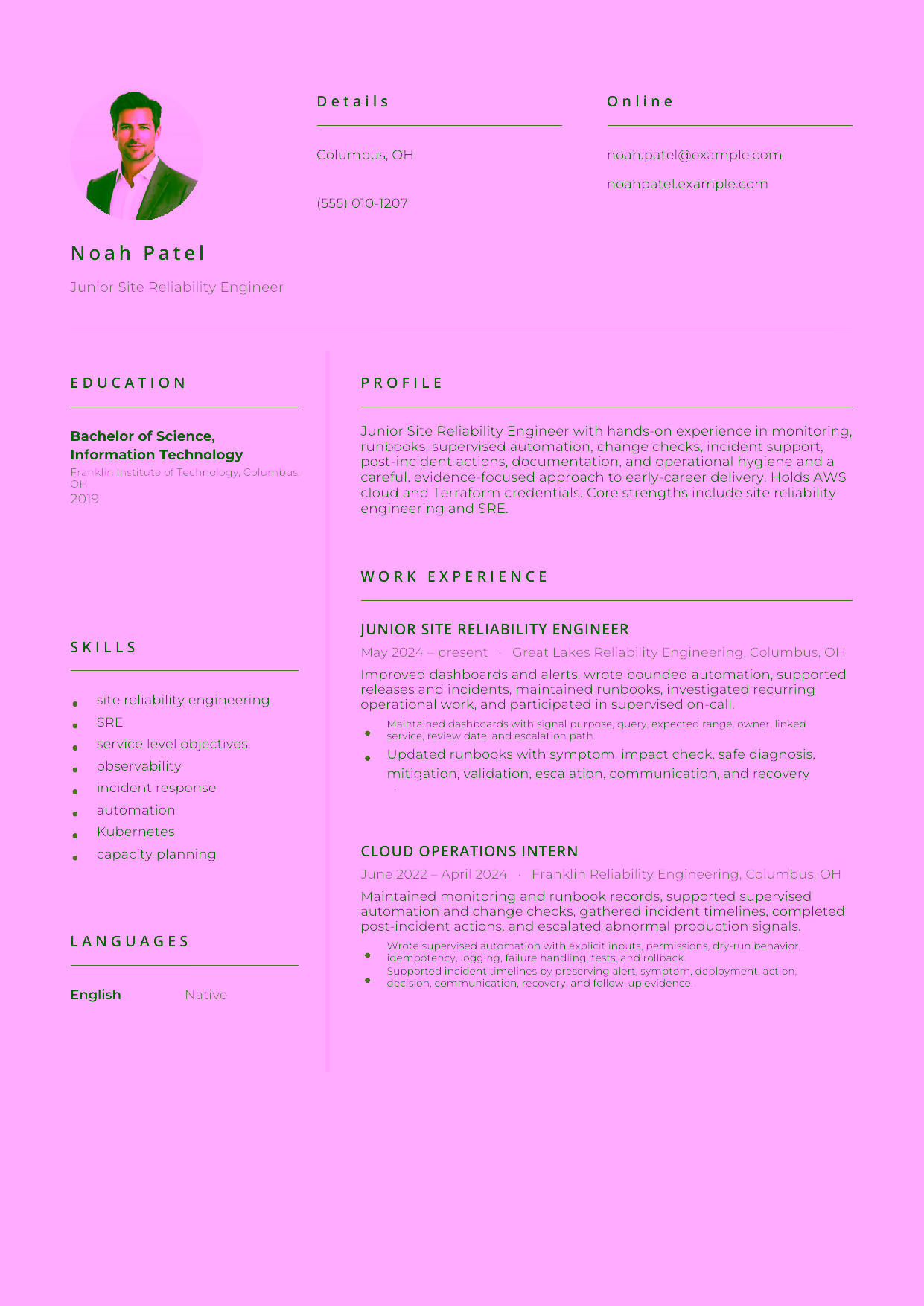 Entry-level Junior Site Reliability Engineer resume example in the Pictor template focused on monitoring, runbooks, supervised automation, change checks, incident support, post-incident actions, documentation, and operational hygiene.