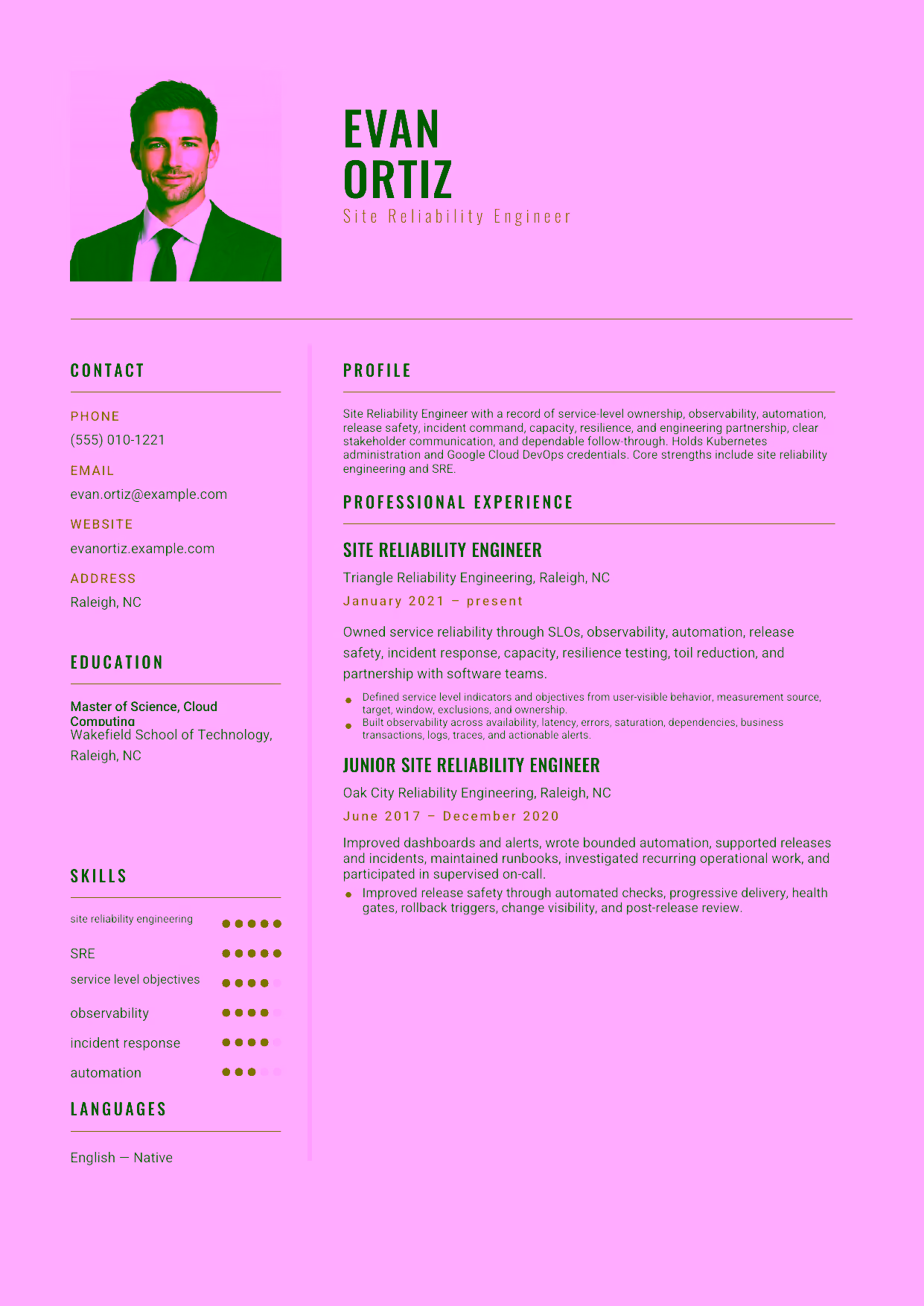 Mid-level Site Reliability Engineer resume example in the Acamar template focused on service-level ownership, observability, automation, release safety, incident command, capacity, resilience, and engineering partnership.