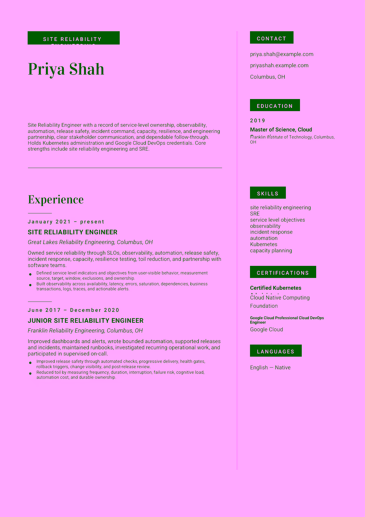 Mid-level Site Reliability Engineer resume example in the Aquila template focused on service-level ownership, observability, automation, release safety, incident command, capacity, resilience, and engineering partnership.