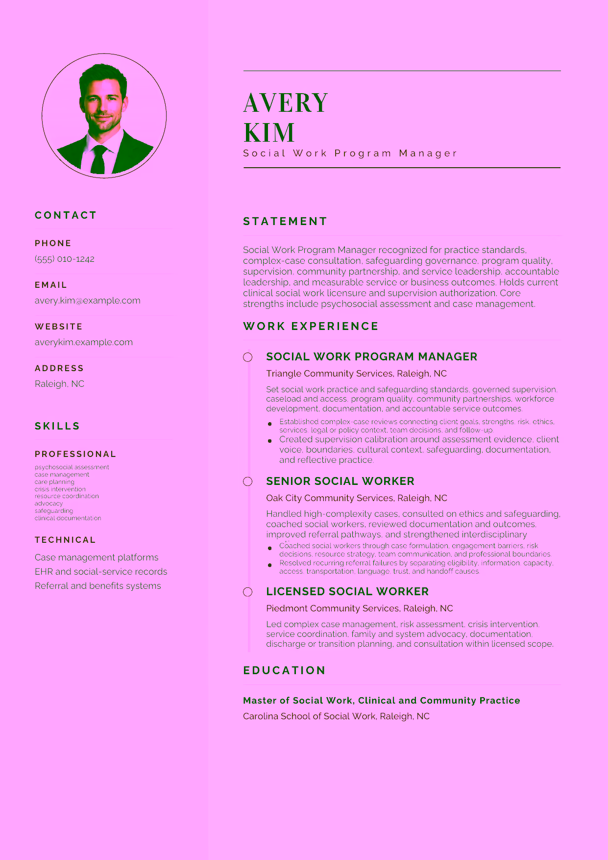 Advanced Social Work Program Manager resume example in the Cetus template focused on practice standards, complex-case consultation, safeguarding governance, program quality, supervision, community partnership, and service leadership.