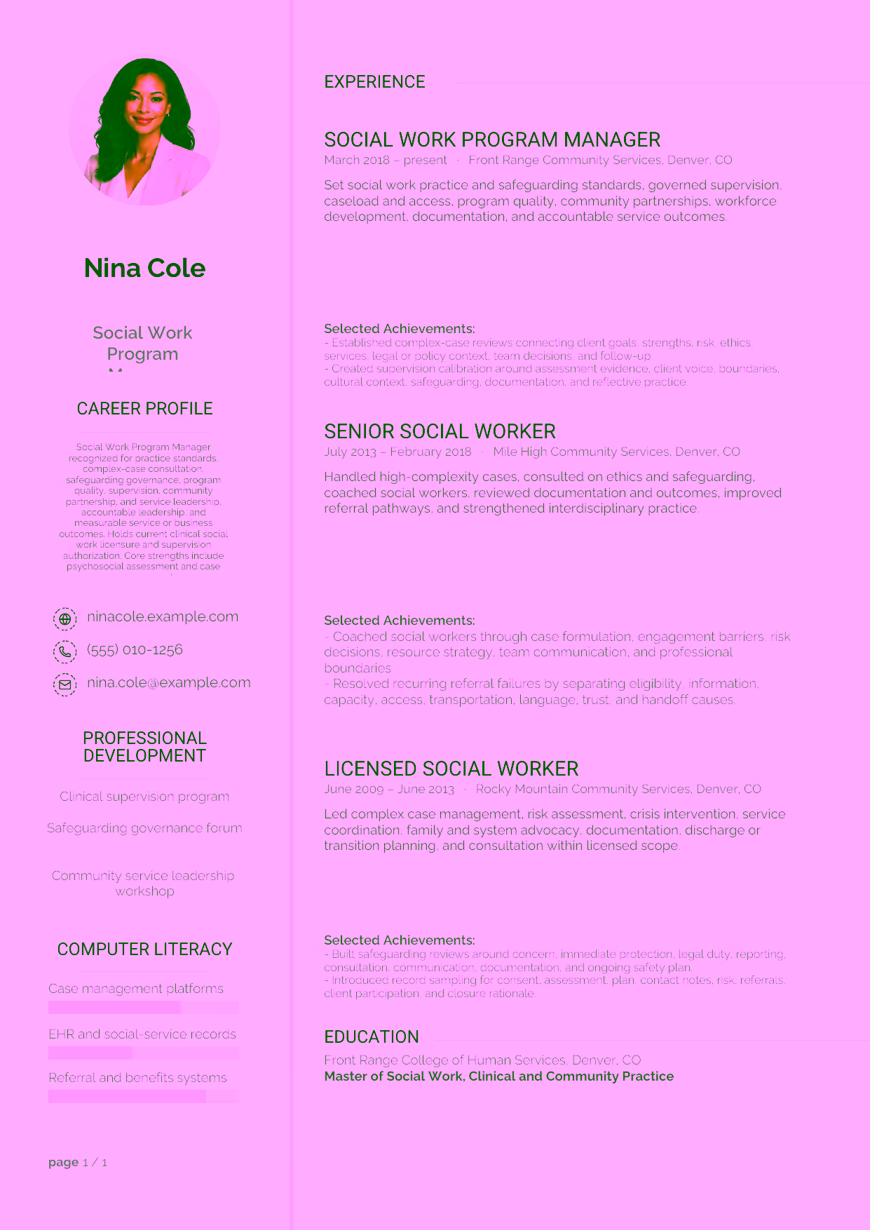 Advanced Social Work Program Manager resume example in the Synnove template focused on practice standards, complex-case consultation, safeguarding governance, program quality, supervision, community partnership, and service leadership.
