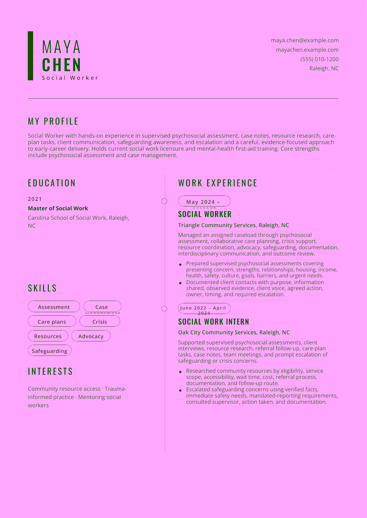 Entry-level Social Worker resume example in the Caelum template focused on supervised psychosocial assessment, case notes, resource research, care-plan tasks, client communication, safeguarding awareness, and escalation.