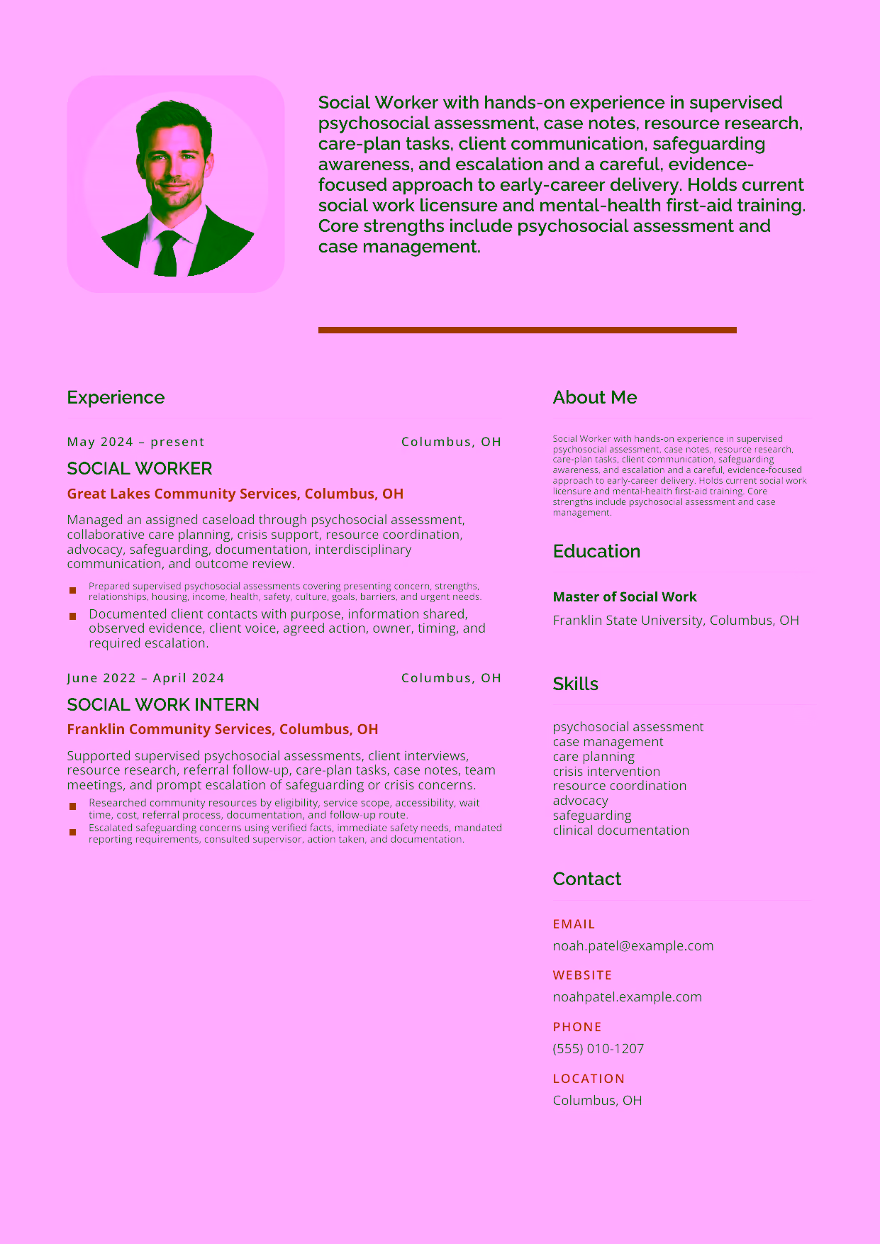 Entry-level Social Worker resume example in the Andromeda template focused on supervised psychosocial assessment, case notes, resource research, care-plan tasks, client communication, safeguarding awareness, and escalation.