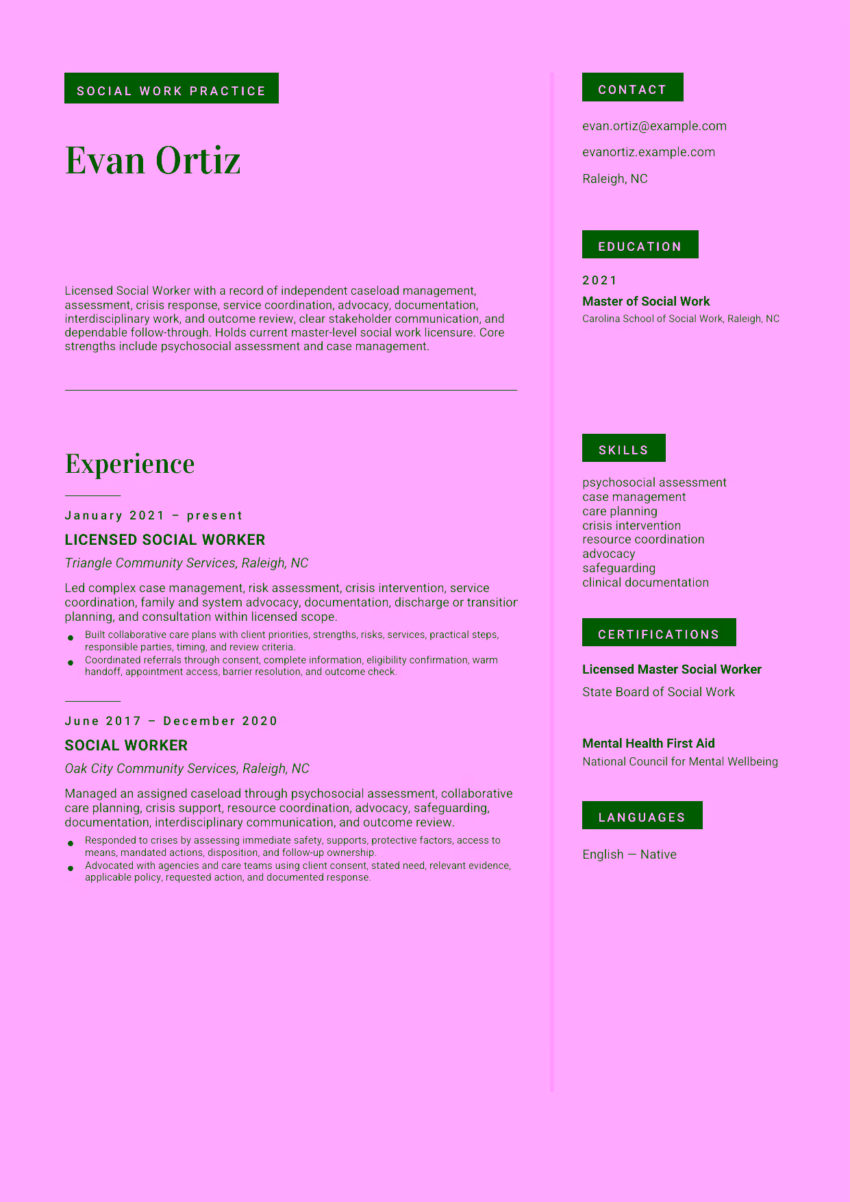 Mid-level Licensed Social Worker resume example in the Aquila template focused on independent caseload management, assessment, crisis response, service coordination, advocacy, documentation, interdisciplinary work, and outcome review.