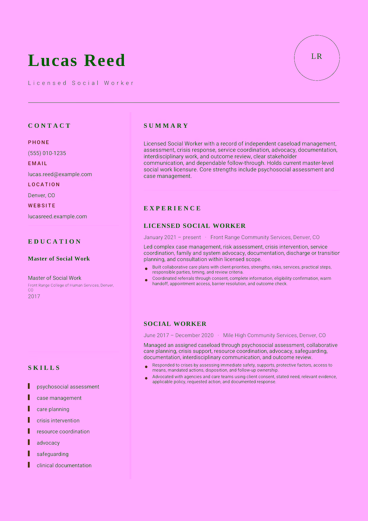 Mid-level Licensed Social Worker resume example in the Grus template focused on independent caseload management, assessment, crisis response, service coordination, advocacy, documentation, interdisciplinary work, and outcome review.
