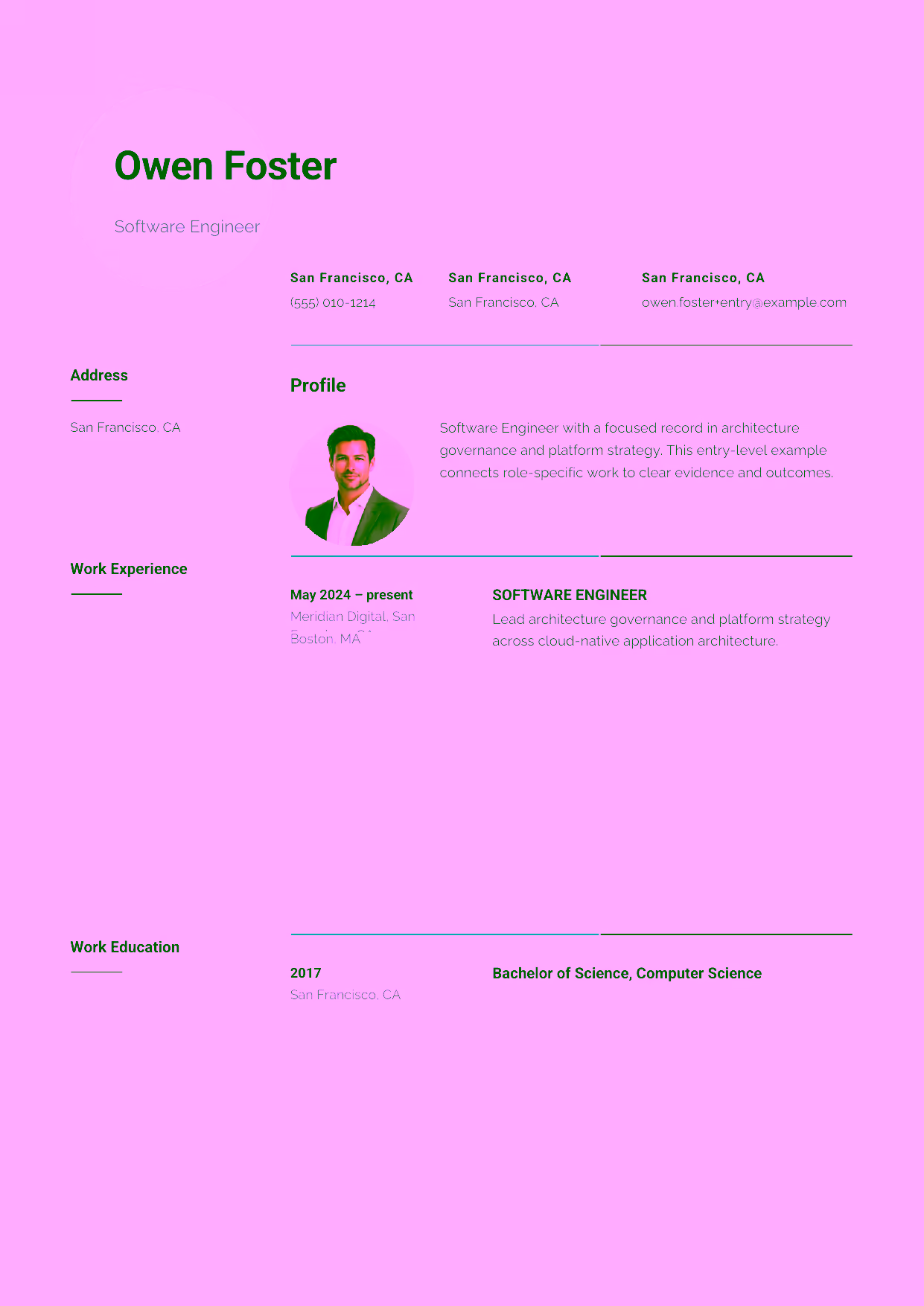 Entry-level Software Engineer resume example in the Pavo template focused on service boundaries and system design.