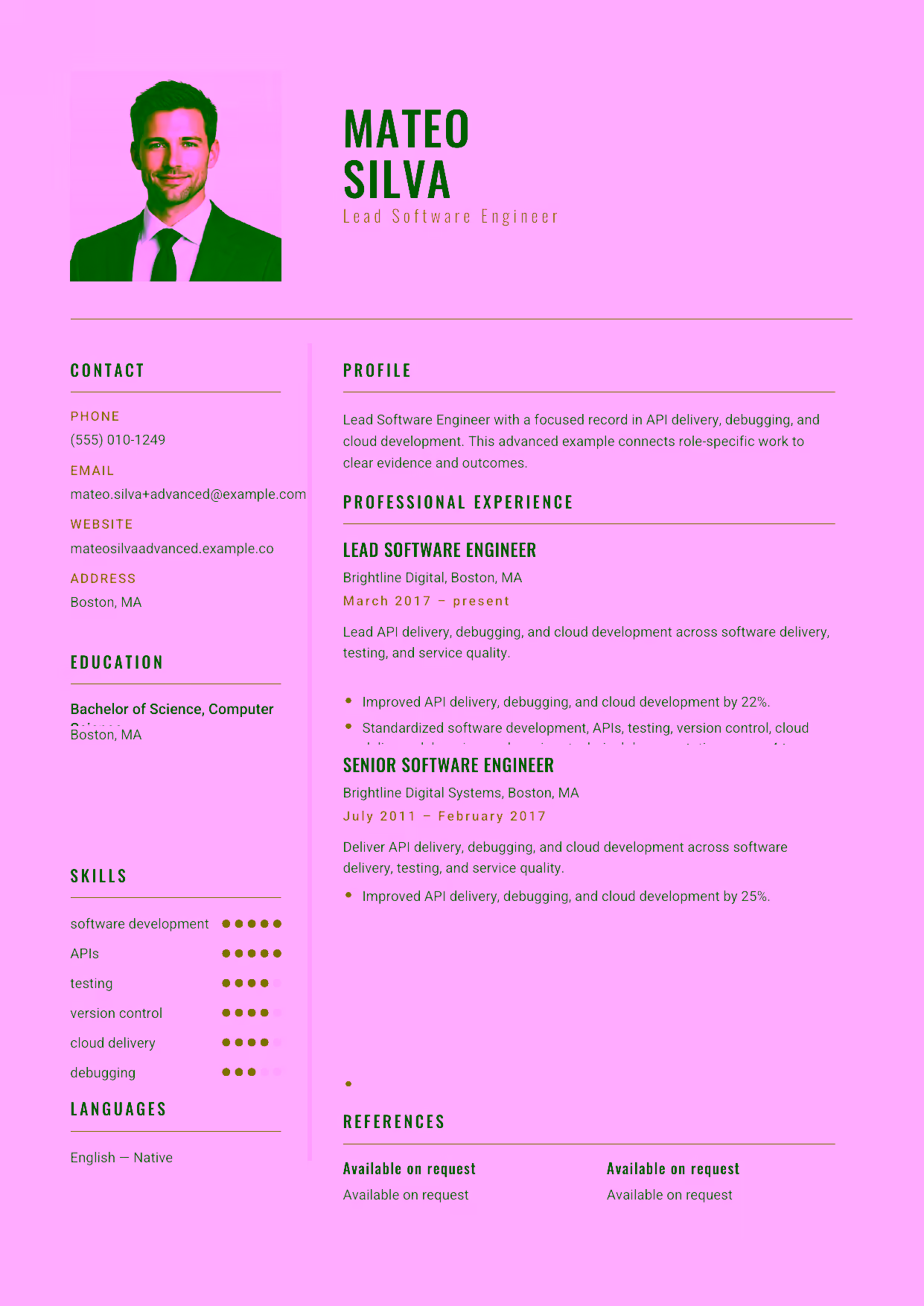 Advanced Lead Software Engineer resume example in the Acamar template focused on engineering quality, architecture, and technical leadership.