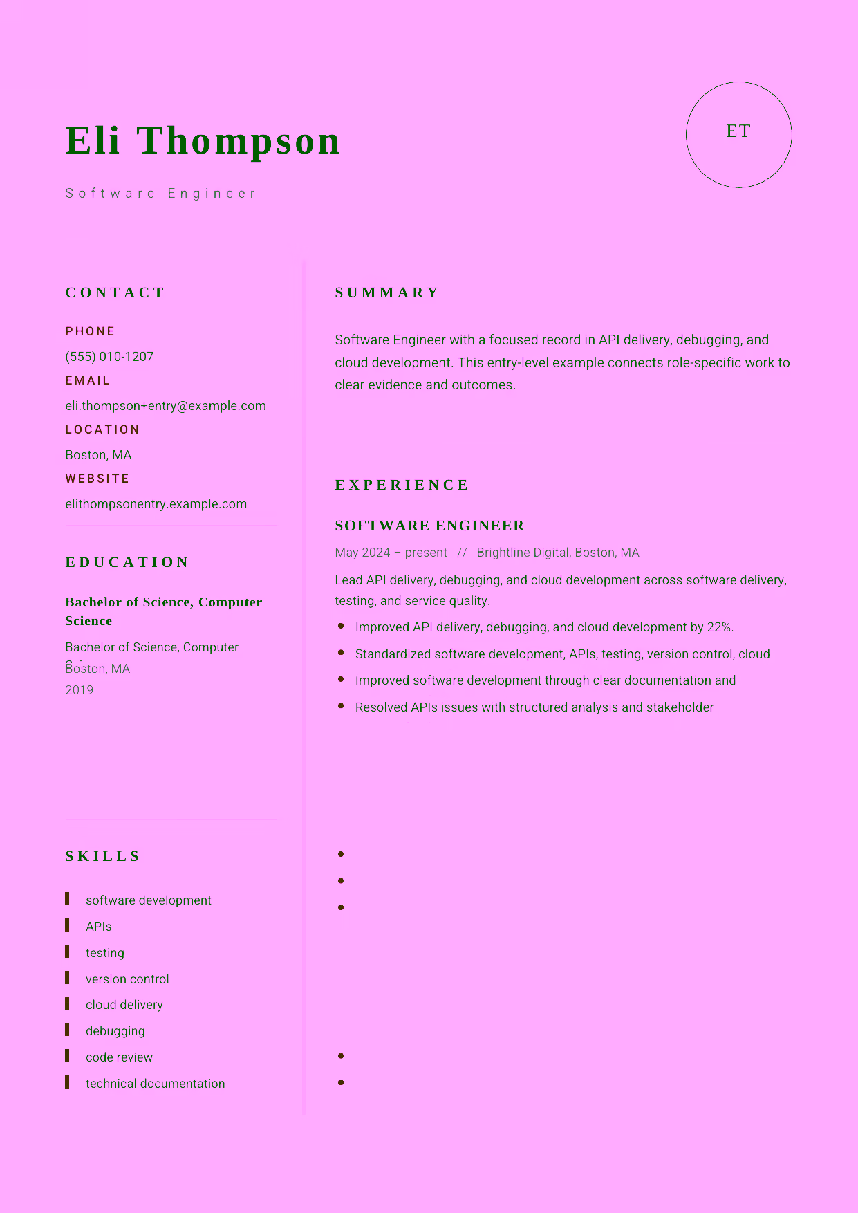 Entry-level Software Engineer resume example in the Grus template focused on software fundamentals, testing, and version control.