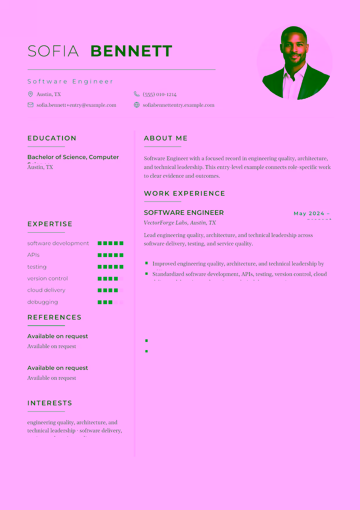 Entry-level Software Engineer resume example in the Achernar template focused on software fundamentals, testing, and version control.