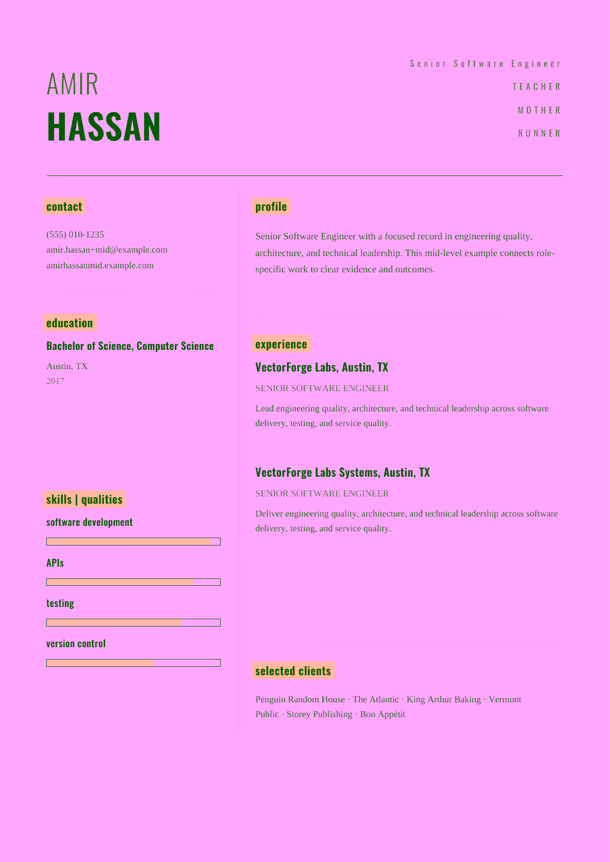 Mid-level Senior Software Engineer resume example in the Dorado template focused on API delivery, debugging, and cloud development.