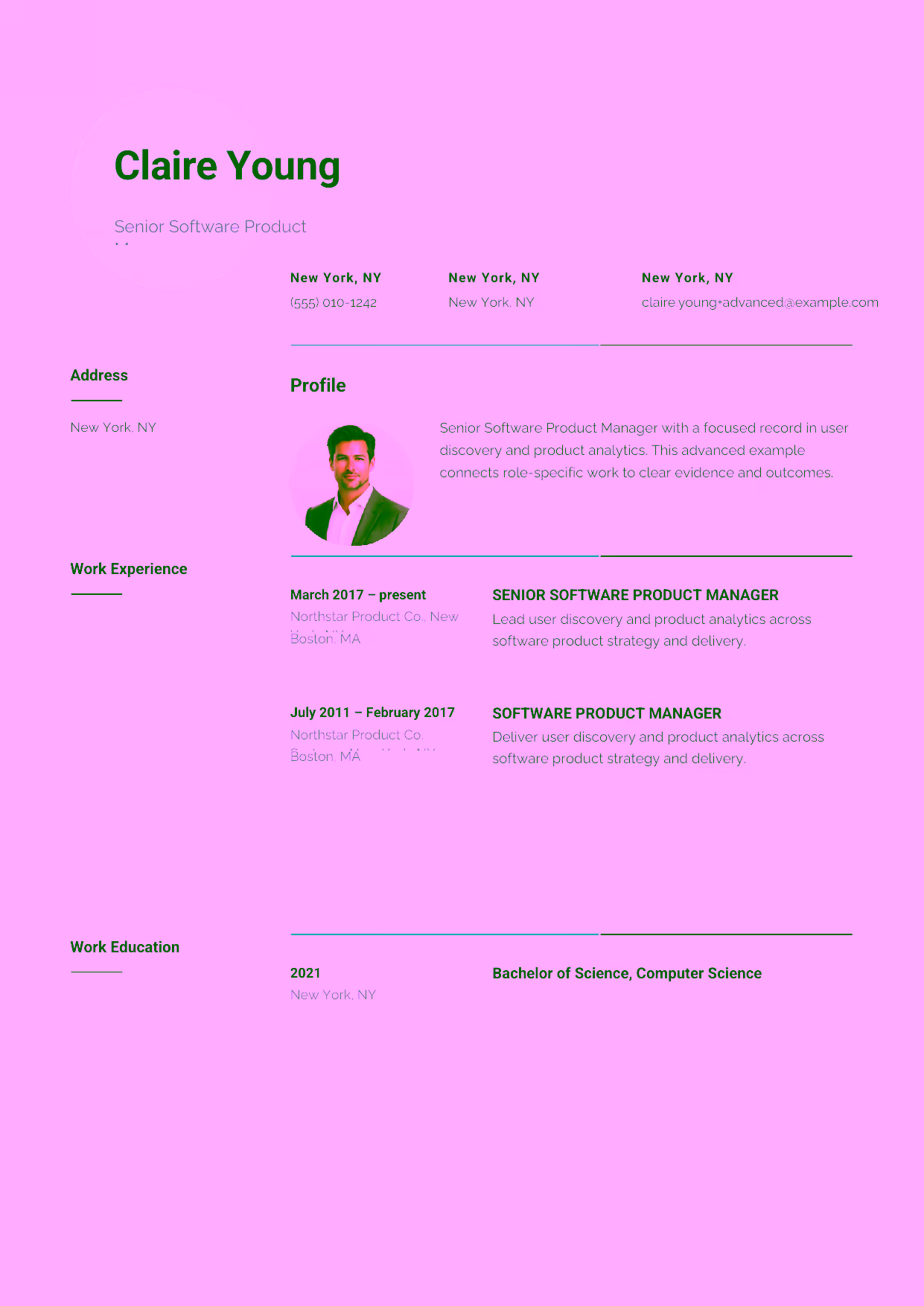 Advanced Senior Software Product Manager resume example in the Pavo template focused on portfolio strategy and team leadership.